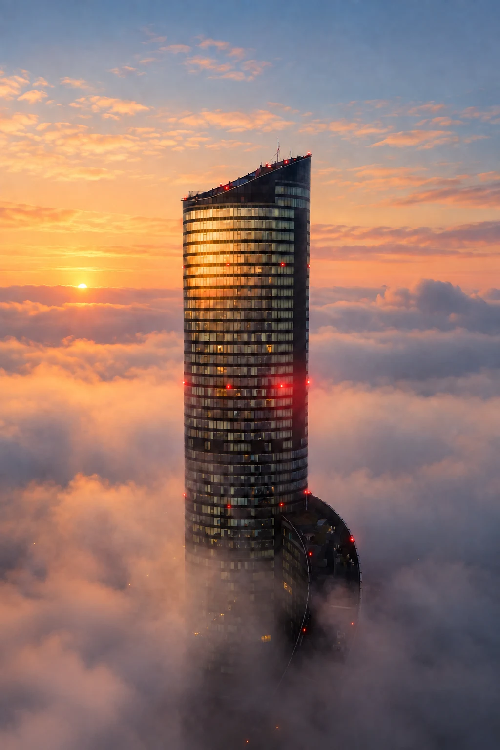 Wieżowiec ponad chmurami sfotografowany z drona